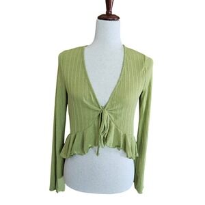 London Rose Y2K Style Green Tie Front Peplum Cardigan Top Long Sleeve Medium